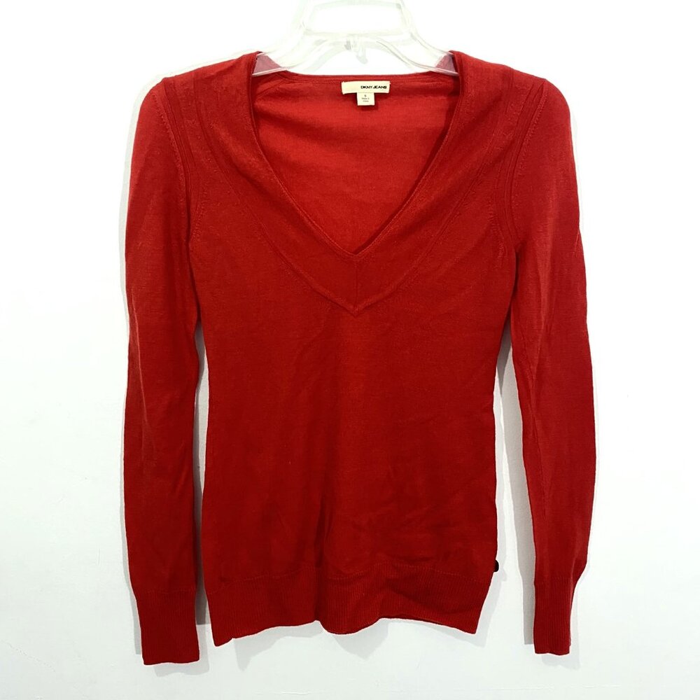 DKNY Jeans Red Wool V-Neck Sweater Women's Size Small